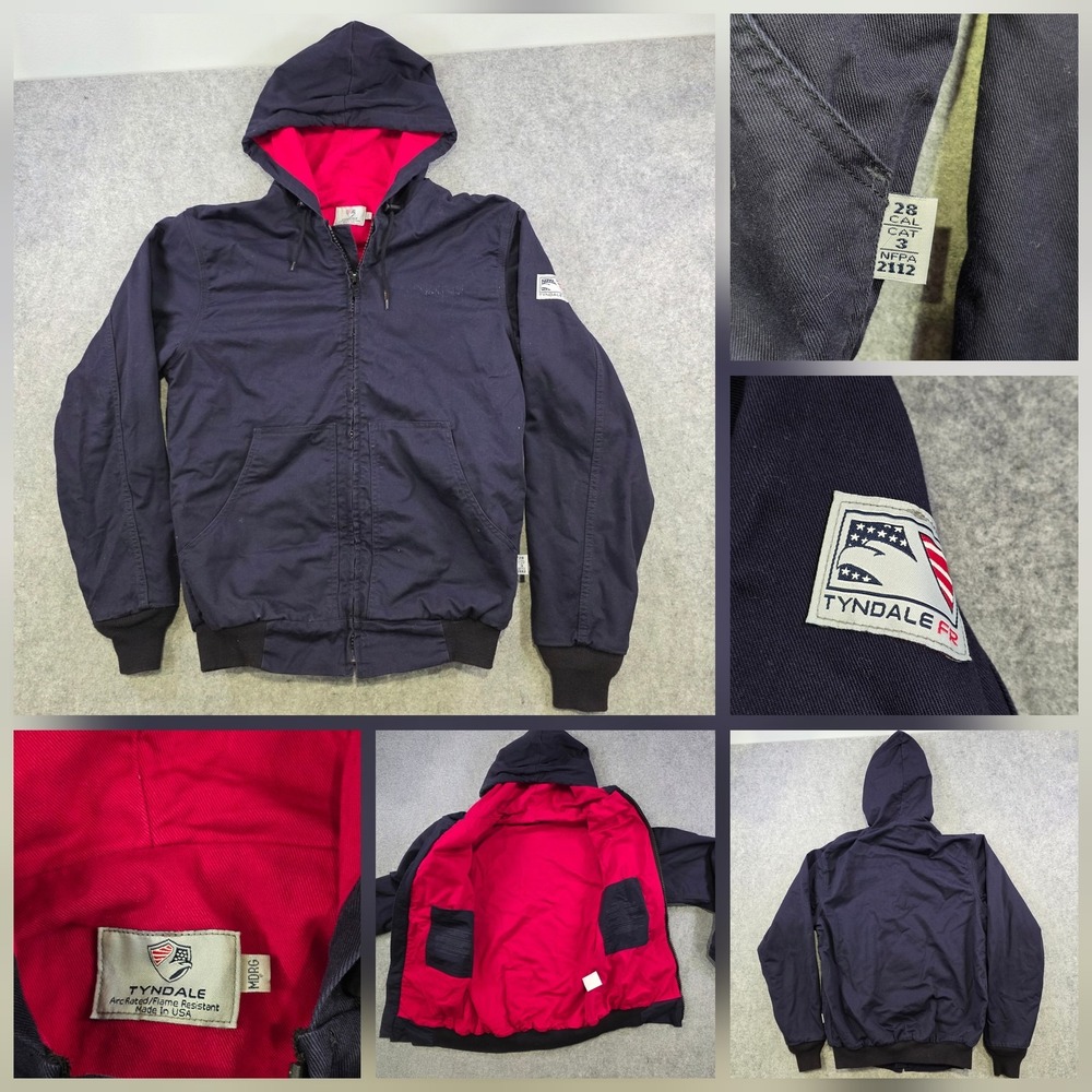 Tyndale Jacket Mens Medium Blue Hooded FR Full Zip Arc Rated NFPA 2112 Bomber